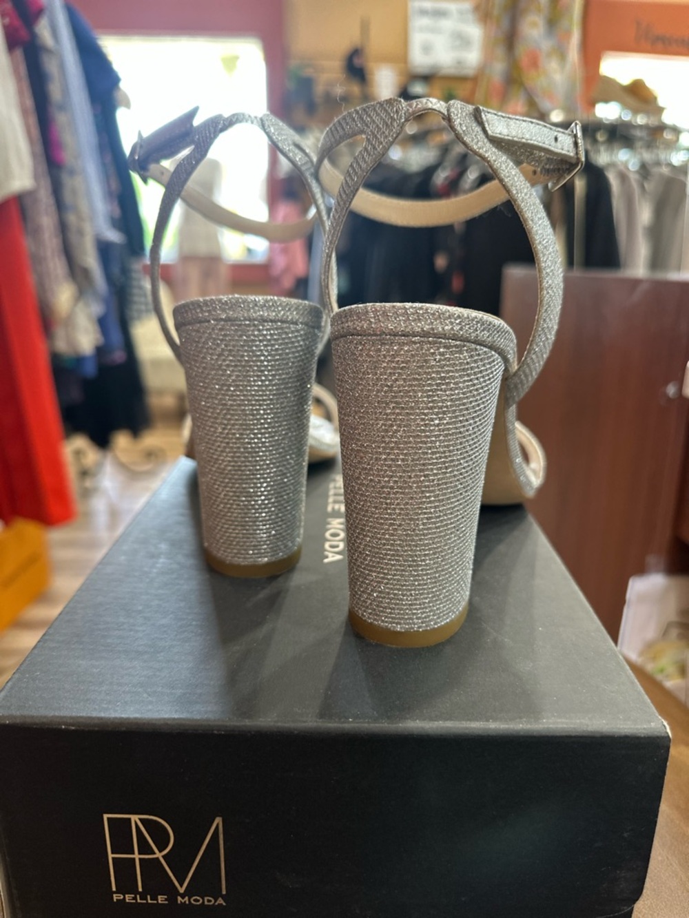 Pelle Moda Silver Glitter Block Heel Sandals with Ankle Strap - Picture 5 of 7